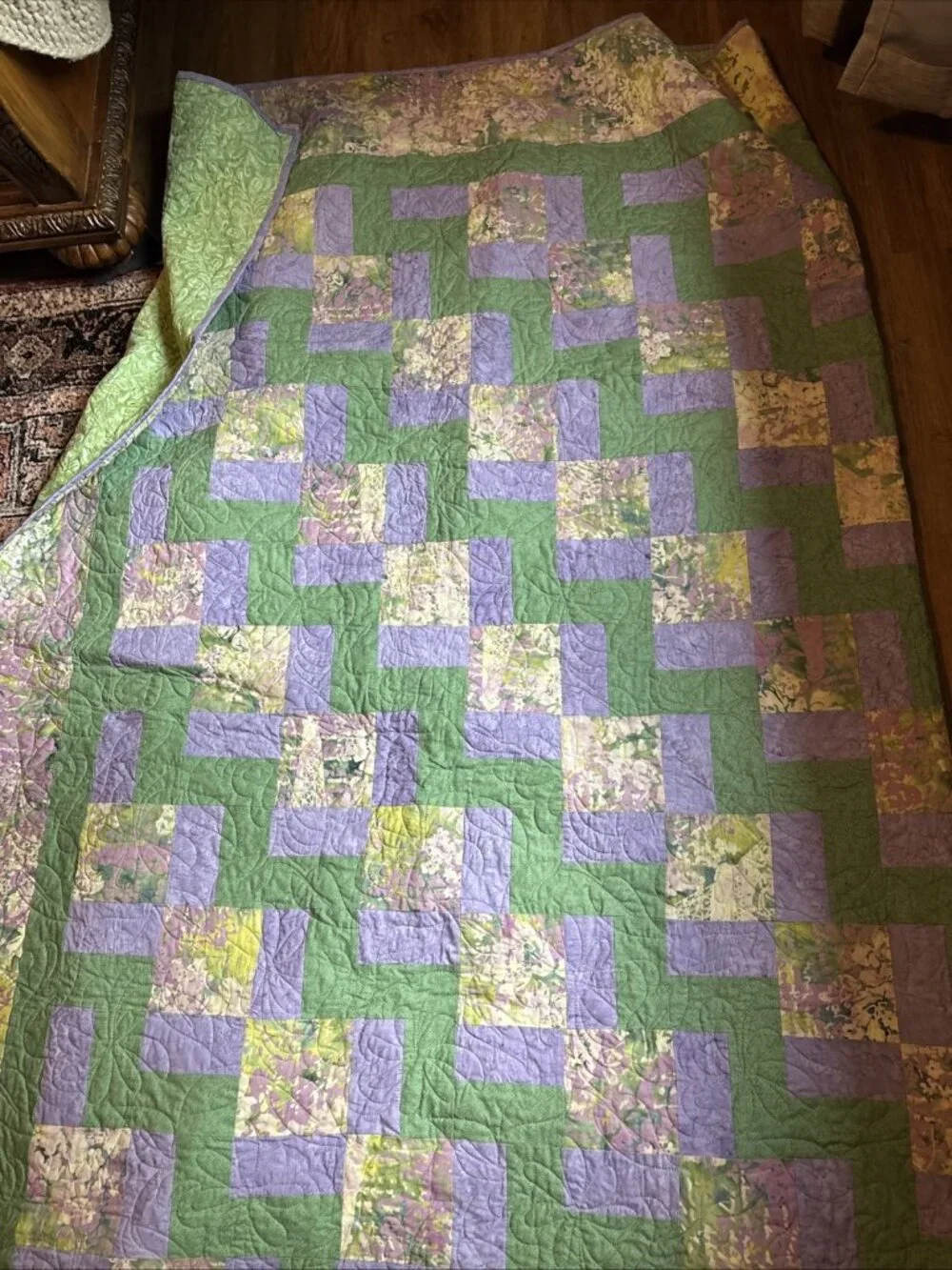 Homemade Modern King Quilt Green & Purple Size 100 X 92 Nine Patch